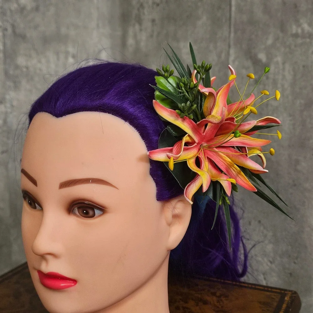 Red Yellow Tropical Lily Hair Flower Clip Rockabilly‎ Tiki Pinup VLV Burlesque